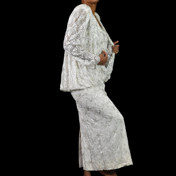 Vintage Beaded Lace Dress White 80s Sequin Maxi Blouson Handmade Bespoke Small - Picture 9 of 12